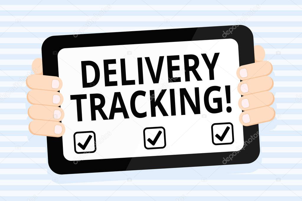 Writing note showing Delivery Tracking. Business photo showcasing the process of localizing shipping containers and mails Color Tablet Smartphone with Screen Handheld Back of Gadget.