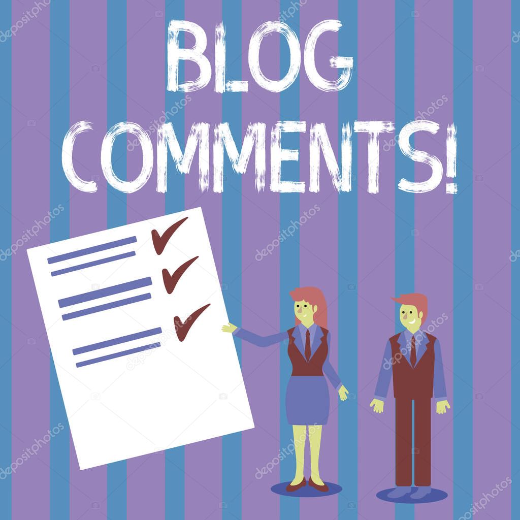Conceptual hand writing showing Blog Comments. Business photo showcasing Space at the end of each post for a reader to leave a comment Man and Woman Presenting Report of Check and Lines on Paper.