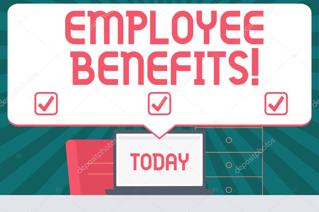 Handwriting text writing Employee Benefits. Concept meaning payments made to employees beyond the scope of wages Blank Huge Speech Bubble Pointing to White Laptop Screen in Workspace Idea.