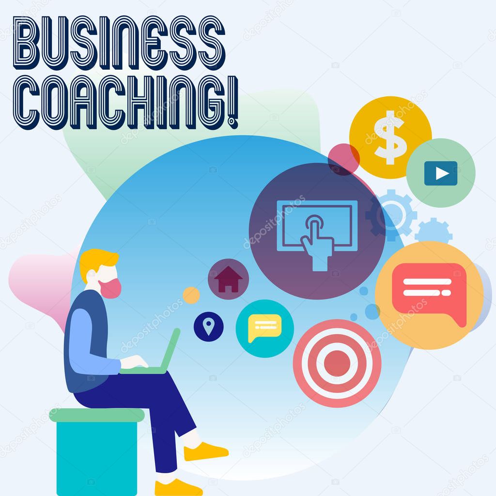 Word writing text Business Coaching. Business concept for providing support and occasional advice to an individual Man Sitting Down with Laptop on his Lap and SEO Driver Icons on Blank Space.