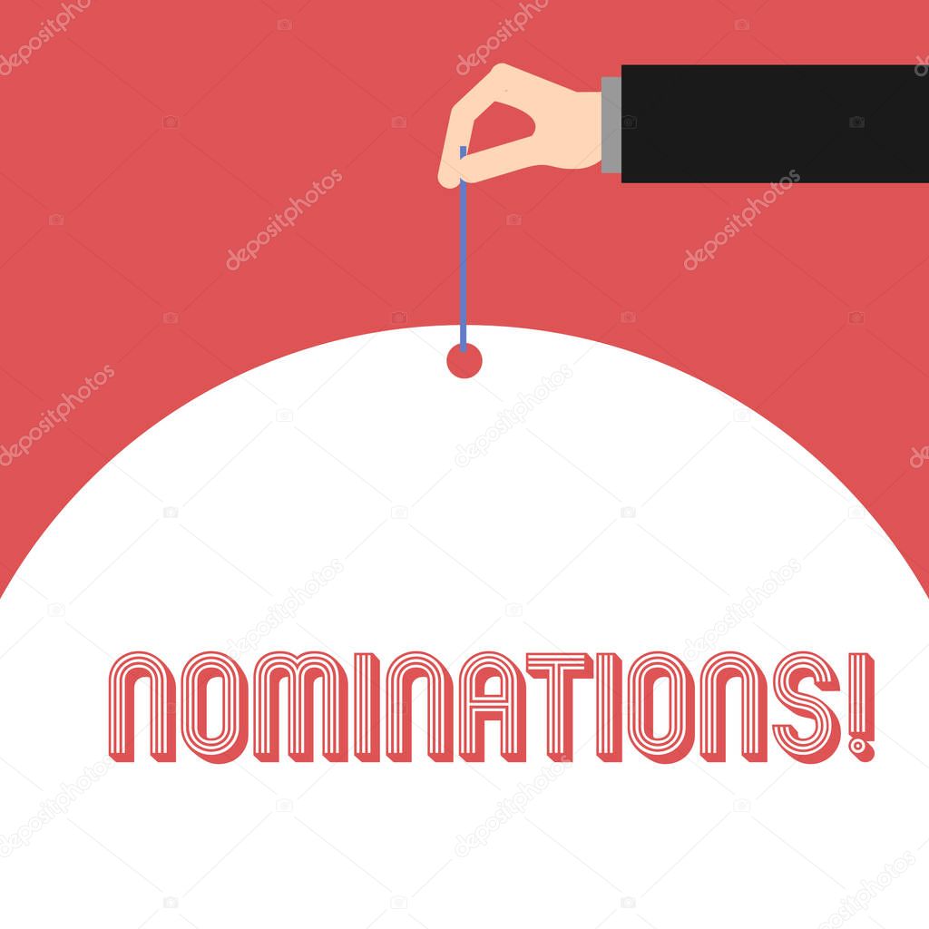 Handwriting text Nominations. Concept meaning action of nominating or state being nominated for prize.