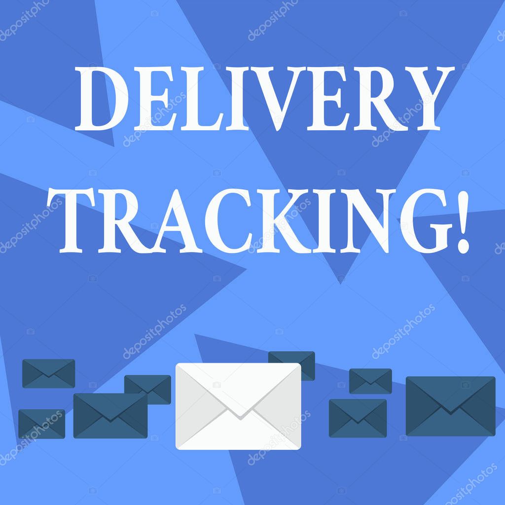 Writing note showing Delivery Tracking. Business photo showcasing the process of localizing shipping containers and mails Color Envelopes in Different Sizes with Big one in Middle.
