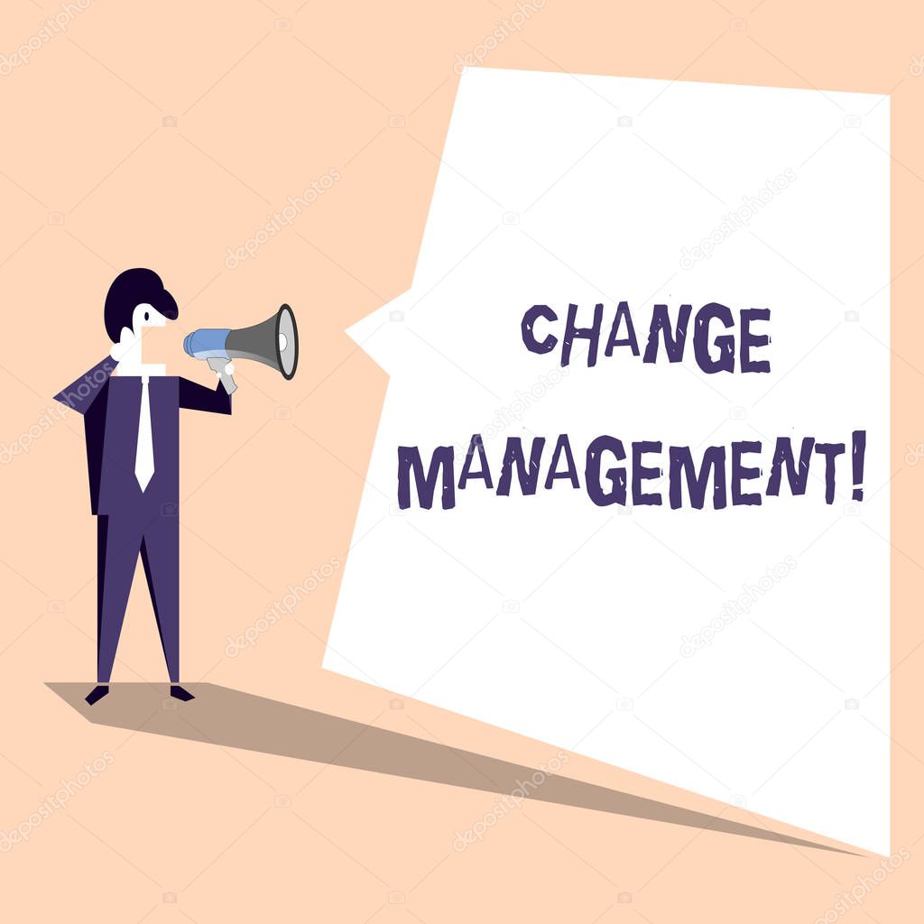 Handwriting text Change Management (en inglés). Concepto que significa