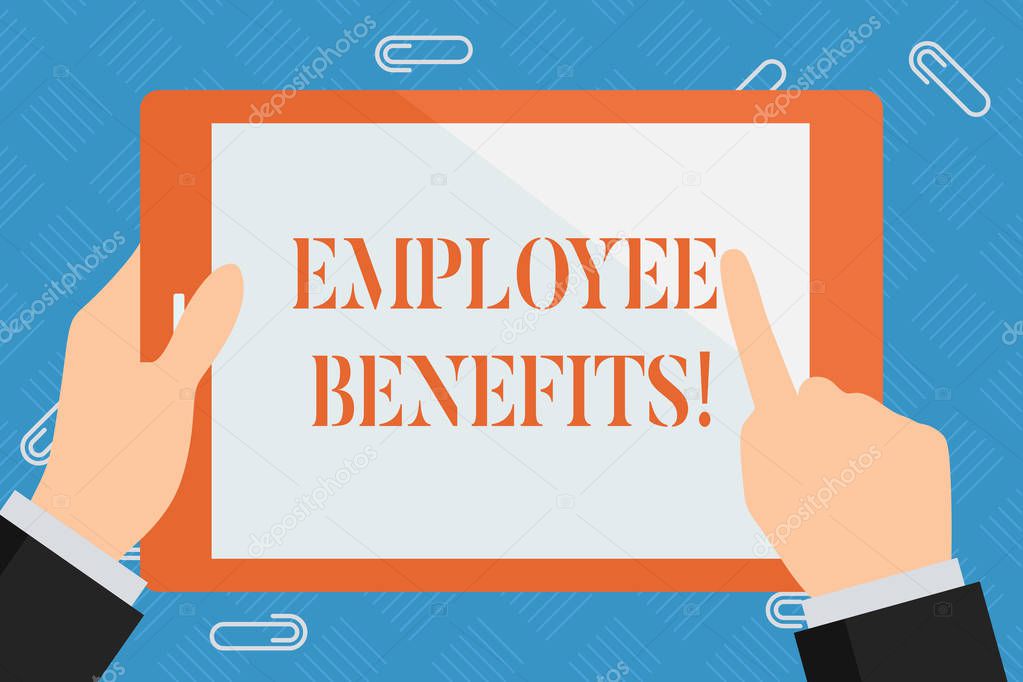 Conceptual hand writing showing Employee Benefits. Business photo showcasing payments made to employees beyond the scope of wages Hand Holding Pointing Touching Color Tablet White Screen.