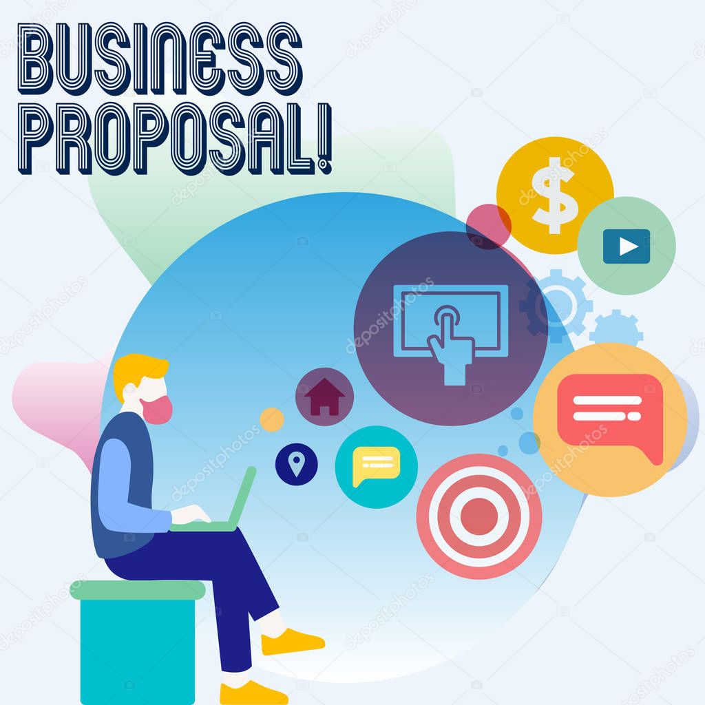 Word writing text Business Proposal. Business concept for written offer from a seller to a prospective buyer Man Sitting Down with Laptop on his Lap and SEO Driver Icons on Blank Space.