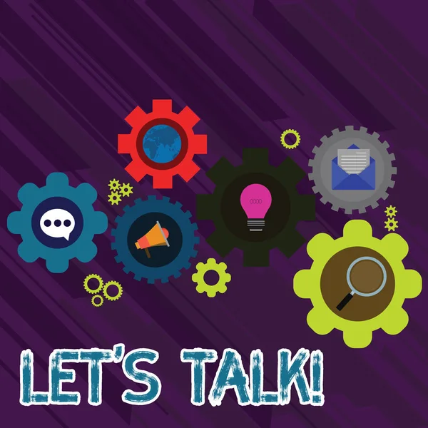Znak tekstowy przedstawiający Let S Talk. Koncepcyjne zdjęcie są sugerujące rozpoczęcie rozmowy na konkretny temat zestaw Global online social networking ikony Inside kolorowe koła zębatego Gear. — Zdjęcie stockowe