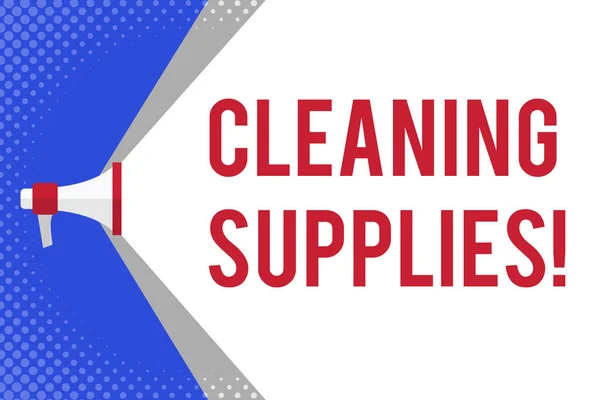 Handwriting text writing Cleaning Supplies. Concept meaning substances usually liquids used to remove dirt and dust Megaphone Extending the Capacity of Volume Range thru Blank Space Wide Beam.