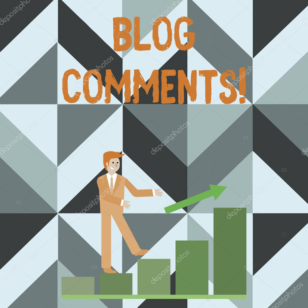Writing note showing Blog Comments. Business photo showcasing Space at the end of each post for a reader to leave a comment Smiling Businessman Climbing Bar Chart Following an Arrow Up.