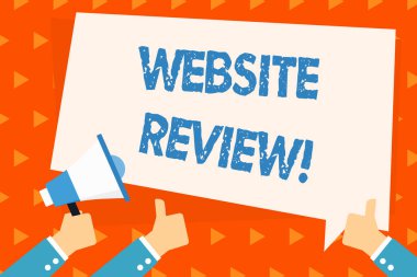 Kelime yazma web sitesi incelemesi. Müşteri reytingleri ve işletmelerin değerlendirmeleri için iş konsepti veya hizmet El Tutma Megafonu ve Metin Balonuyla Parmak Kalkması.