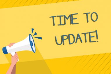 El yazısı metin yazma Zaman Güncelleme. Kavram anlamı hareket bir şey ya da güncelleştirilmiş sürüm programı İnsan Eli Sıkıca Ses Simgesi ve Boş Metin Alanı ile bir Megafon holding güncelleme.