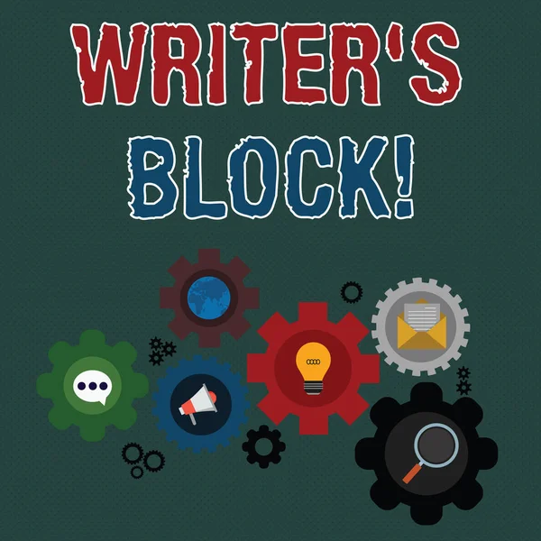 Escribir nota mostrando Writer S Is Block. Foto de negocios que muestra la condición de no poder hacer una pieza de trabajo escrito Conjunto de iconos de redes sociales en línea globales Cog Wheel Gear . — Foto de Stock