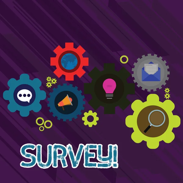 Text sign showing Survey. Conceptual photo research method used for collecting data from a predefined group Set of Global Online Social Networking Icons Inside Colorful Cog Wheel Gear. — Stock Photo, Image