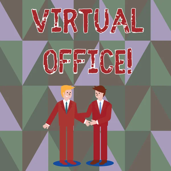 Writing note showing Virtual Office. Business photo showcasing Mobile workenvironment equipped with telecommunication links Businessmen Smiling and Greeting each other by Handshaking.