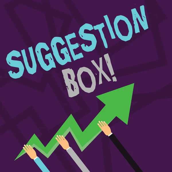 Text sign showing Suggestion Box. Conceptual photo container which showing can leave comments about something Three Hands Holding Colorful Zigzag Lightning Arrow Pointing and Going Up.