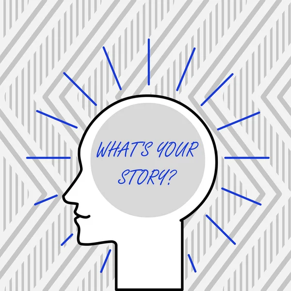 Texto de escritura de palabras What S Your Story Question. Concepto de negocio para preguntar demostrando sobre sus eventos de acciones de vidas pasadas . —  Fotos de Stock