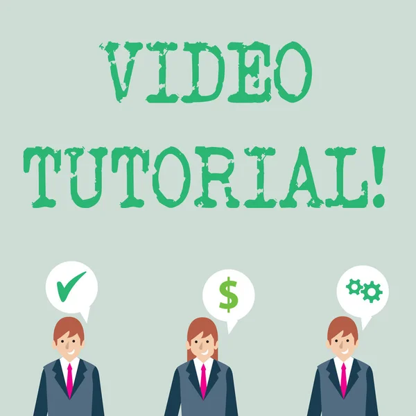 Textvideo-Tutorial. Geschäftskonzept zur Methode des Wissenstransfers durch audiovisuelle Clips Geschäftsleute haben jeweils ihre eigene Sprechblase mit Optimierungskostensymbolen. — Stockfoto