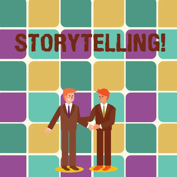 Znak tekstowy przedstawiający Storytelling. Konceptualna działalność zdjęciowa pisanie opowieści o ich upublicznianie dwóch biznesmenów stojący, uśmiechnięty i powitanie siebie przez Handshake. — Zdjęcie stockowe