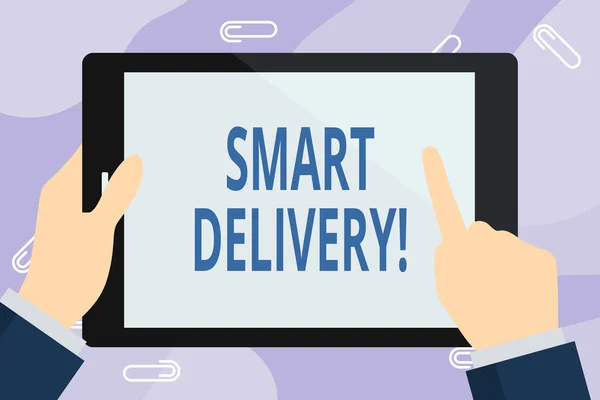 Escritura a mano de texto Smart Delivery. Concepto que significa solución móvil para entregar y transportar mercancías más rápido Empresario de mano, señalando y tocando la pantalla en blanco colorida de la tableta . — Foto de Stock