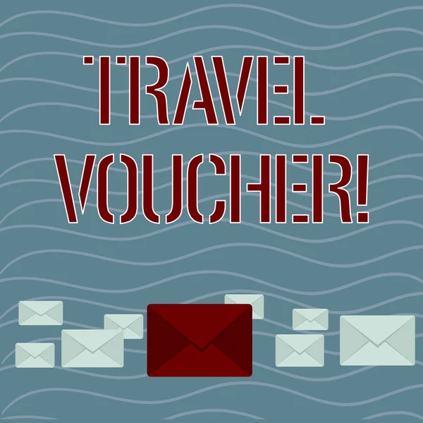 Word writing text Travel Voucher. Business concept for Tradable transaction type worth a certain monetary value Pastel Color Closed Envelopes in Different Sizes with Big one in the Middle.