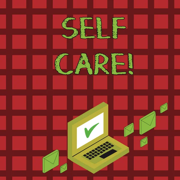 Texto de caligrafia Self Care. Conceito que significa prática de tomar medidas para preservar ou melhorar a própria saúde Envelopes de correio a cores em torno do laptop com ícone de marca de verificação na tela do monitor . — Fotografia de Stock