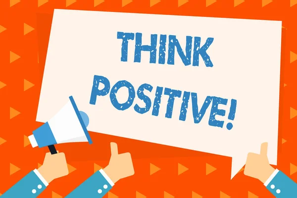 Word writing text Think Positive. Business concept for to believe that you are going to be succeed in your goal Hand Holding Megaphone and Other Two Gesturing Thumbs Up with Text Balloon. — 스톡 사진