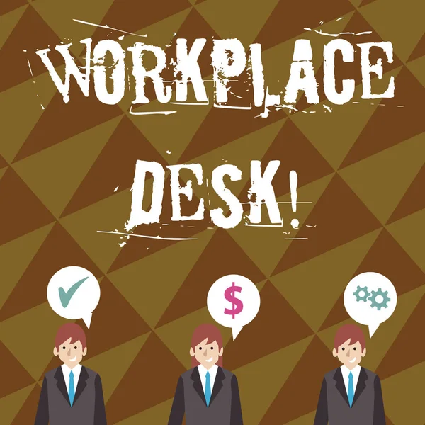 Writing note showing Workplace Desk. Business photo showcasing a type of table that you can work at often one with drawers Businessmen has Speech Bubble with Optimization Cost Icons. — 스톡 사진