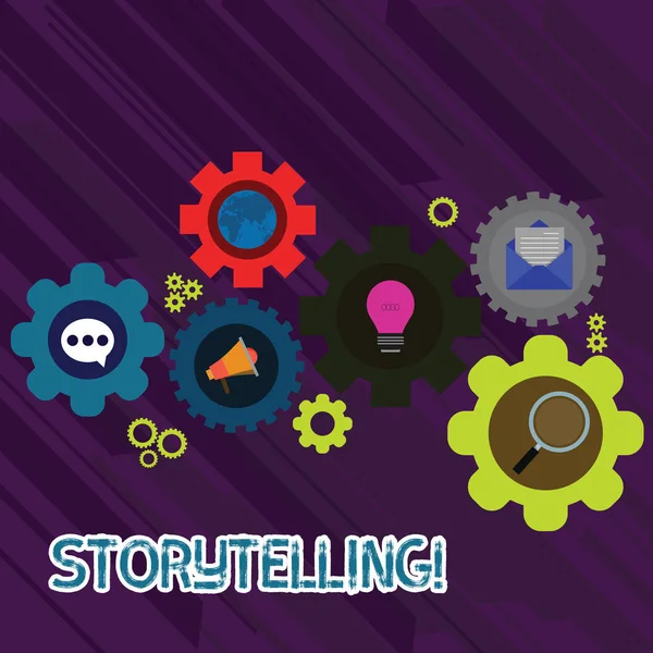 Signo de texto que muestra Storytelling. Actividad fotográfica conceptual escribiendo historias para publicarlas al público Conjunto de iconos de redes sociales globales en línea dentro de colorido engranaje de rueda de engranaje . — Foto de Stock