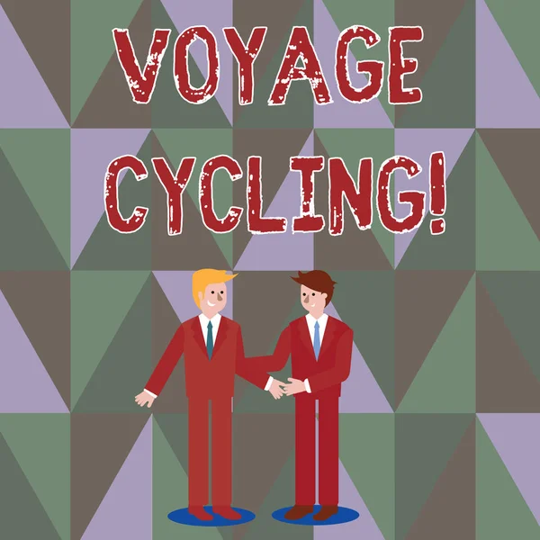 Piszę notatkę z Voyage Cycling. Biznes photo showcasing Korzystanie z rowerów do transportu rekreacji i ćwiczeń Biznesmeni uśmiechnięci i witający się przez uścisk dłoni. — Zdjęcie stockowe