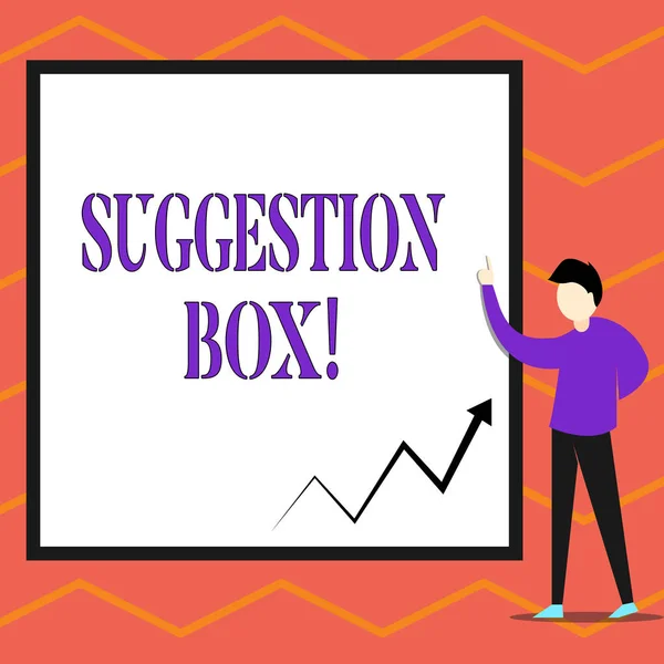 Writing note showing Suggestion Box. Business photo showcasing container which showing can leave comments about something.