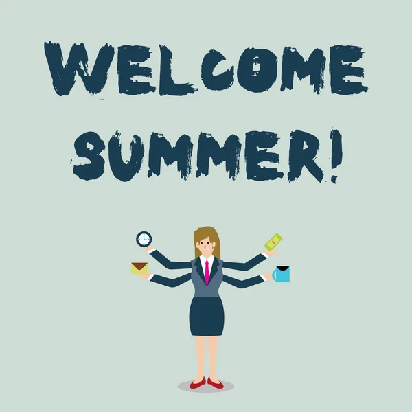 Texto de caligrafia Welcome Summer. Conceito que significa início da nova temporada, apreciando o clima quente Empresária com quatro braços estendendo lateralmente Segurando Trabalhadores item necessário . — Fotografia de Stock