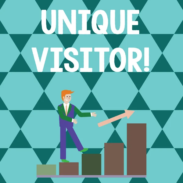 Word writing text Unique Visitor. Business concept for Individuals who have visited a Web site at least once Smiling Businessman Climbing Colorful Bar Chart Following an Arrow Going Up. — 스톡 사진