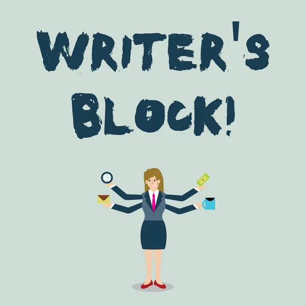 Handwriting text Writer S Is Block. Concept meaning condition of being unable to make a piece of written work Businesswoman with Four Arms Extending Sideways Holding Workers Needed Item.