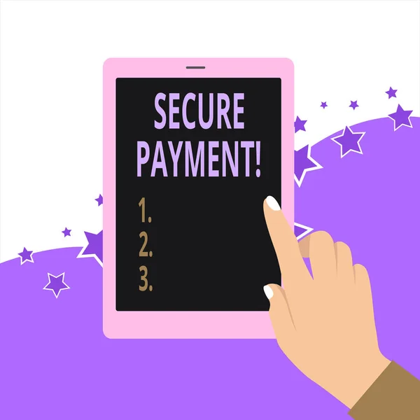 Handschrift Text sichere Zahlung. Konzept, d.h. Webseite, auf der Kreditkartennummern eingegeben werden, ist gesichert. — Stockfoto