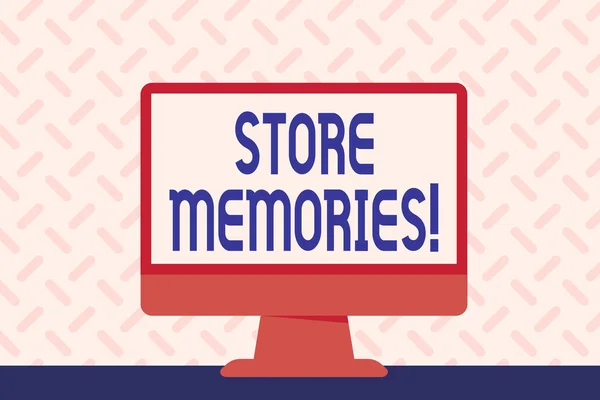 Text sign showing Store Memories. Conceptual photo the ability of the mind to store and recall past sensations Blank Space Desktop Computer Colorful Monitor Screen Freestanding on Table.