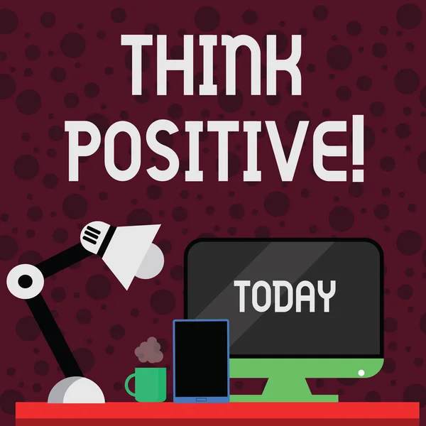 Conceptual hand writing showing Think Positive. Business photo showcasing to believe that you are going to be succeed in your goal Arrangement for Nightshift Worker Computer, Tablet and Lamp. — Stock Photo, Image