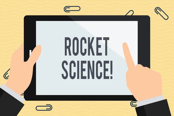 로켓 과학을 보여주는 개념적 손 쓰기. 비즈니스 사진 텍스트 어려운 활동 당신은 사업가 손 잡고 가리키는 다채로운 태블릿 화면을 할 지능이 될 필요가. — 스톡 사진