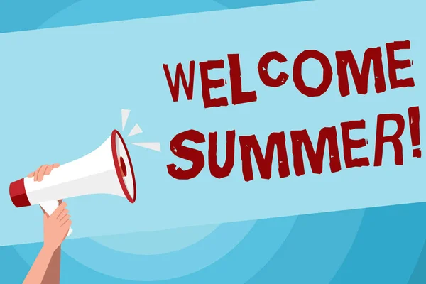 Text sign showing Welcome Summer. Conceptual photo start of the new season by enjoying the hot weather Human Hand Holding Tightly a Megaphone with Sound Icon and Blank Text Space.