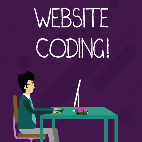 웹 사이트 코딩을 보여주는 개념적 손 쓰기. 컴퓨터와 책에서 작업 의자에 앉아 지시 사업가를 나타내는 데 사용되는 기호 및 규칙의 비즈니스 사진 전시 시스템. — 스톡 사진