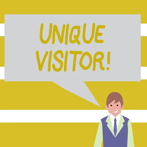 Conceptual hand writing showing Unique Visitor. Business photo showcasing Individuals who have visited a Web site at least once Businessman Smiling and Talking Blank Color Speech Bubble. — 스톡 사진