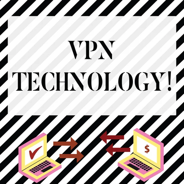 写便条显示Vpn Technology 。 业务照片展示了在两台笔记本电脑之间创建一个安全和加密的连接箭头图标的编程. — 图库照片