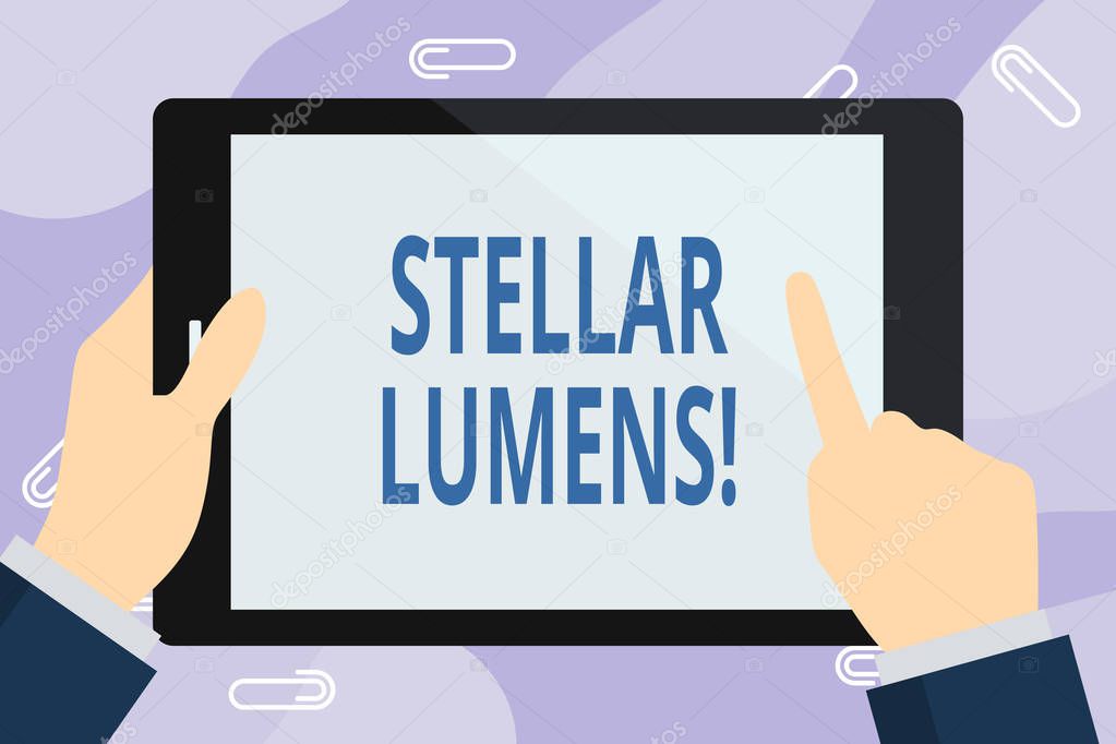 Handwriting text writing Stellar Lumens. Concept meaning cryptocurrency platform that uses on remittance and payments Businessman Hand Holding, Pointing and Touching Colorful Tablet Blank Screen.