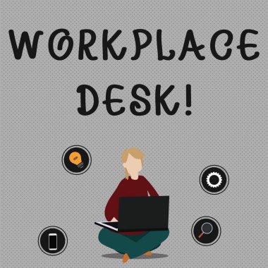 İşyeri Masası'nı gösteren kavramsal el yazısı. İş fotoğrafı, sık sık çalışabileceğiniz bir masa türünü, Zeminde Çapraz Bacaklarla Oturan Kadın Dizüstü Bilgisayar'da Gezinerek.