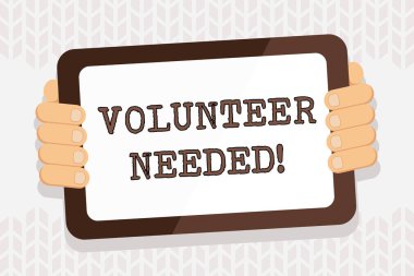 Gönüllü Gerekli el yazısı metin yazma. Gadget'ın Arkasından Boş Ekranel Renkli Tablet Akıllı Telefon ödenmeden organizasyon için konsept için çalışma ihtiyacı.