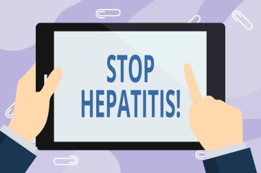 El yazısı metin yazma Stop Hepatit. Kavram anlamı Tedavi veya karaciğer inflamasyon önlenmesi İşadamı El Tutma, İşaret ve Dokunmadan Renkli Tablet Boş Ekran.