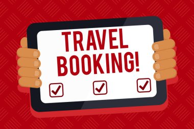 Seyahat Rezervasyonu gösteren kavramsal el yazısı. Gadget'ın Ekran Lı Arka Kısmı ile seyahat için bir şey rezerve ettiğinizde yaptığınız iş fotoğrafı metin düzenlemesi.