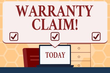 Garanti Talebini gösteren metin işareti. Kavramsal fotoğraf Değiştirme veya onarım veya tazminat için bir müşterinin Hakkı Boş Büyük Konuşma Bubble Çalışma Alanı Fikir Beyaz Laptop Ekran işaret.