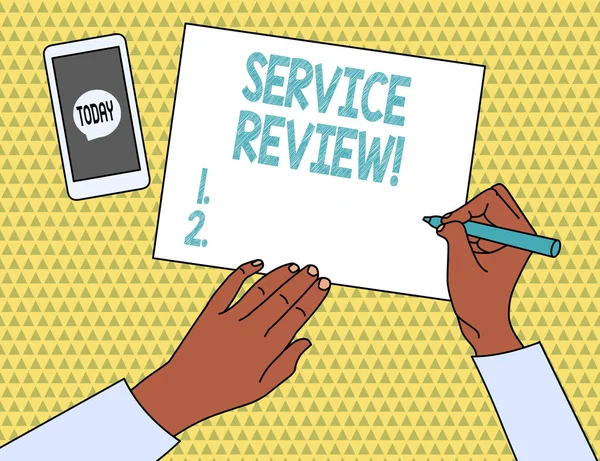 Обзор сервиса написания текстов. Бизнес-концепция для опции для клиентов оценивать компанию - это услуга . — стоковое фото