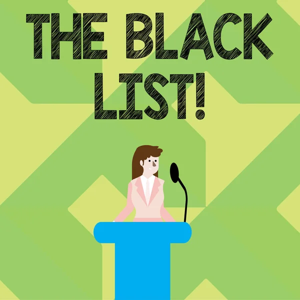 Schrijfbriefje met Theblack List erop. Zakelijke foto showcasing lijst van demonstraties die zijn afgekeurd of moeten worden gestraft Zakenvrouw achter Podium Rostrum Spreken op de microfoon. — Stockfoto