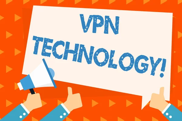 Word writing text Vpn Technology. Business concept for programming that creates a safe and encrypted connection Hand Holding Megaphone and Other Two Gesturing Thumbs Up with Text Balloon. — Stock Photo, Image