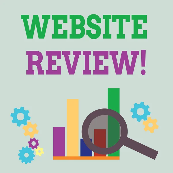 Tekst schrijven Website Review. Business concept voor de klant ratings en beoordelingen van bedrijven of service Vergrootglas Over Bar Column Grafiek naast Cog Wheel Versnellingen voor analyse. — Stockfoto